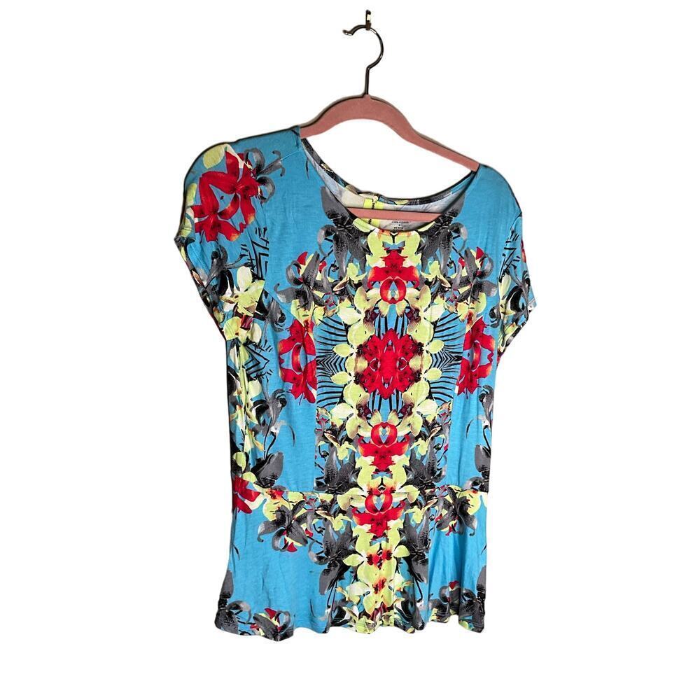 A.N.A Peplum Blouse Cap Sleeves Round Neck Floral Print Multicolor Womens Large